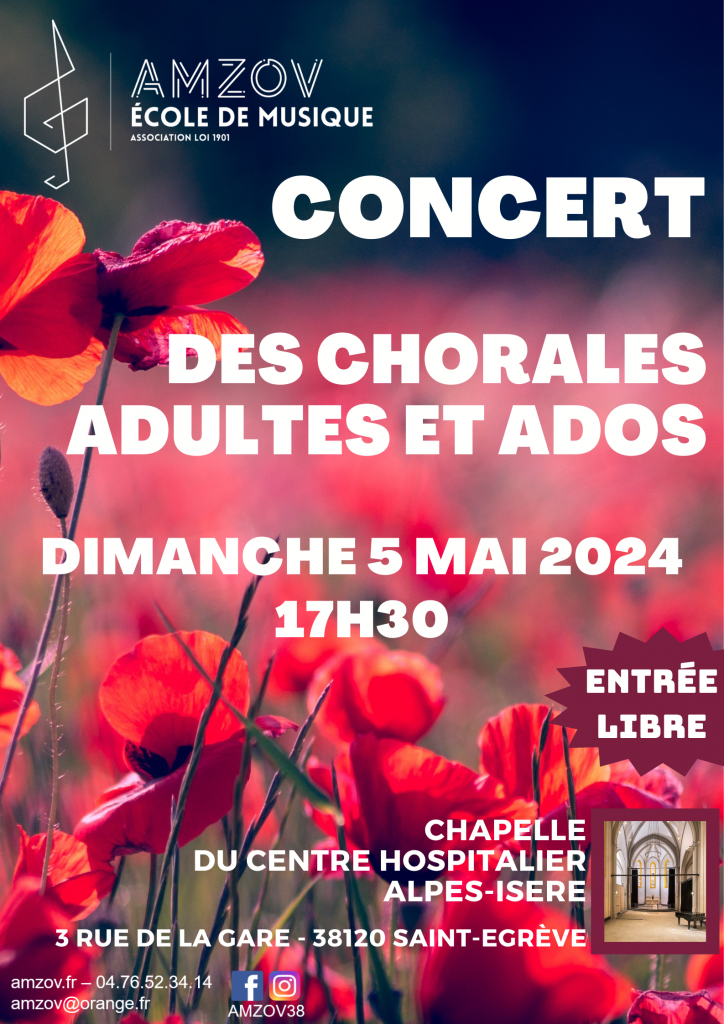 Concert des chorales adultes et ados, dimanche 5 mai 2024, 17h30, Centre hospitalier de St Egrève